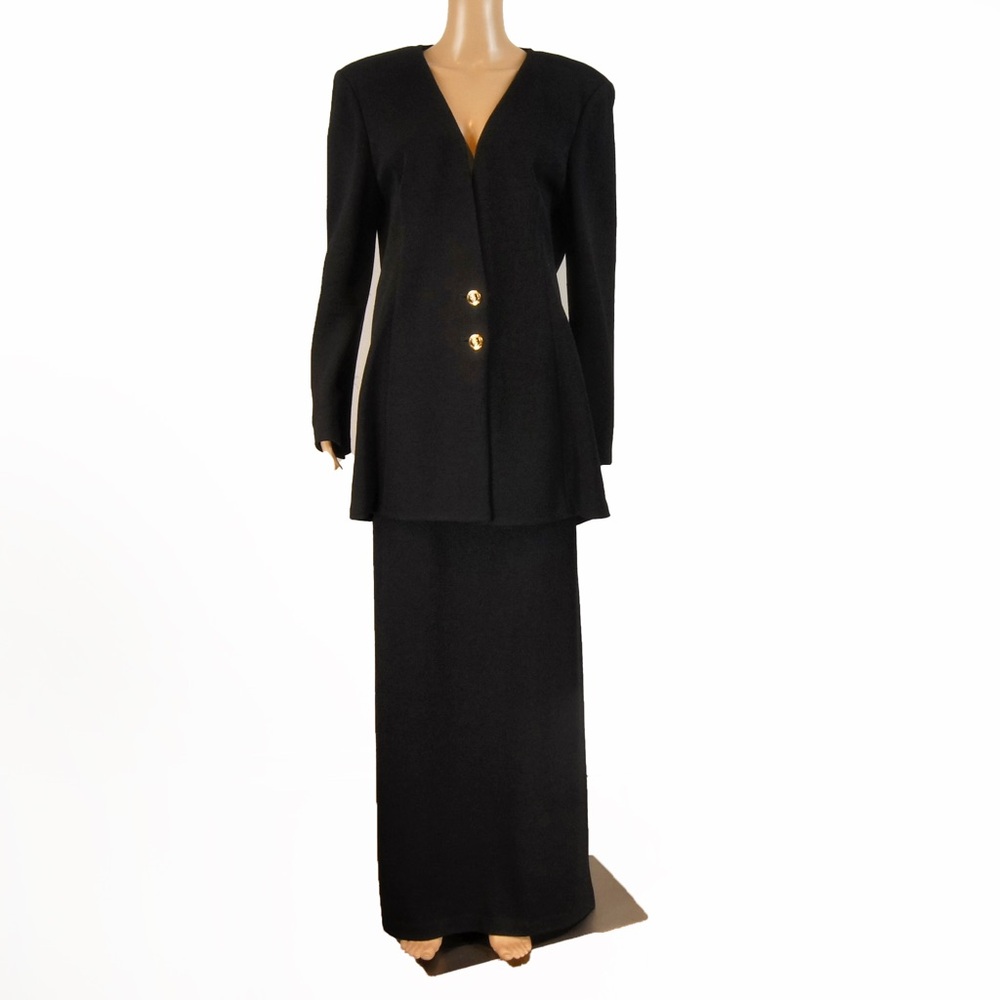 Vintage St. John Black Knit Wool Blazer Jacket Maxi Skirt 2 Piece Cord Set
